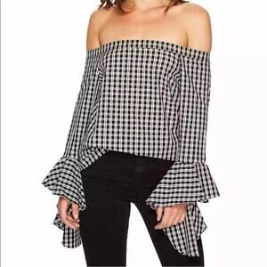 1 State Off The Shoulder Top Women's Black & White Gingham Ruffle Sleeve XS